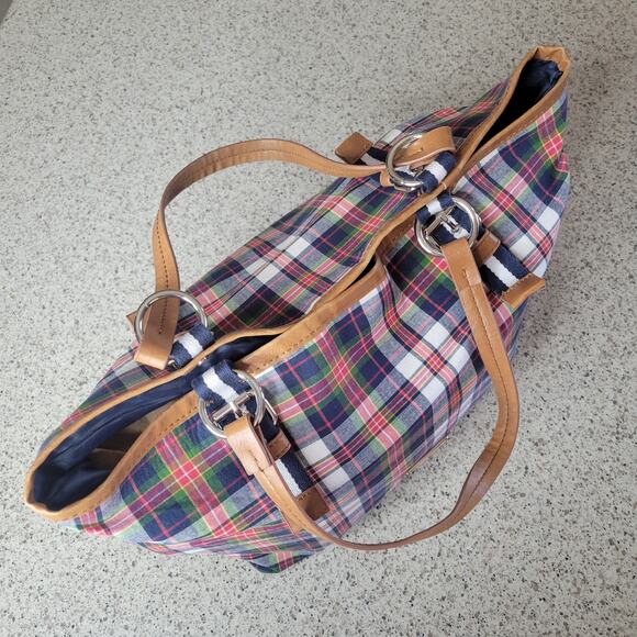 Tommy Hilfiger Madras Plaid Faux Leather Preppy Americana Tote Shoulder Bag 2011 - Picture 6 of 12
